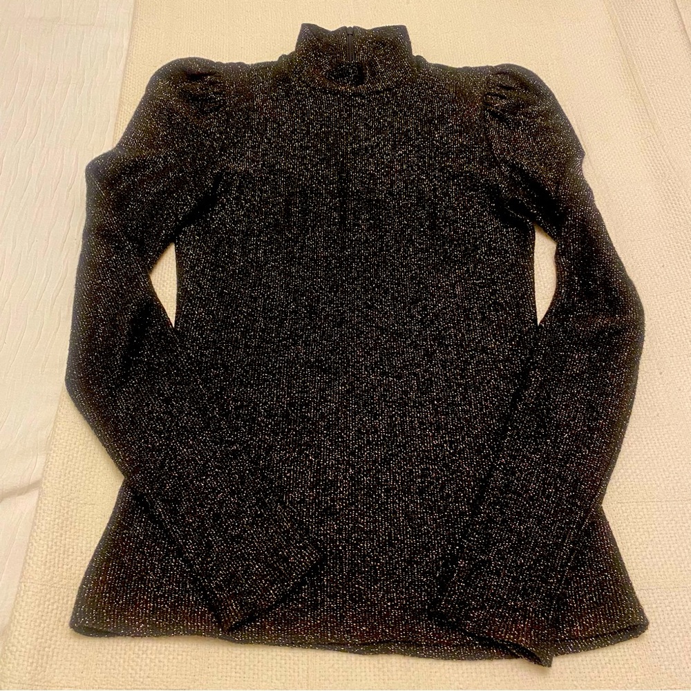 Smythe holiday top with puff shoulders and high collar